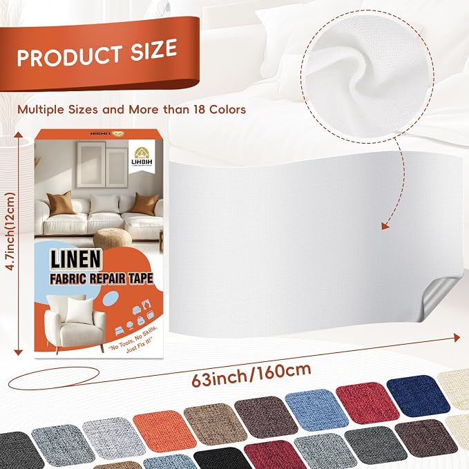 Linen Fabric Repair Tape 4.7x63 Inch, Self Adhesive Couch Patch Repair Fabric Tape for Furniture, Linen Patch Kit for Couch, Carpet, Upholstery, Chair, Sofa, Cushion, Bag (White)