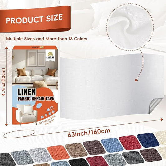 Linen Fabric Repair Tape 4.7x63 Inch, Self Adhesive Couch Patch Repair Fabric Tape for Furniture, Linen Patch Kit for Couch, Carpet, Upholstery, Chair, Sofa, Cushion, Bag (White)