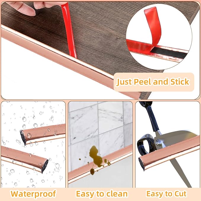 Rose Gold Peel and Stick Trim, Faoaatin Molding Trim for Walls, Edges, Borders, Window Frames, Backsplash Tiles, Flexible and Self Adhesive