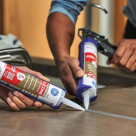 GE Advanced Silicone Caulk for Kitchen & Bathroom, White, 10 fl oz Cartridge, 2 Pack - 100% Waterproof Silicone Sealant, 5X Stronger Adhesion, Shrink & Crack Proof