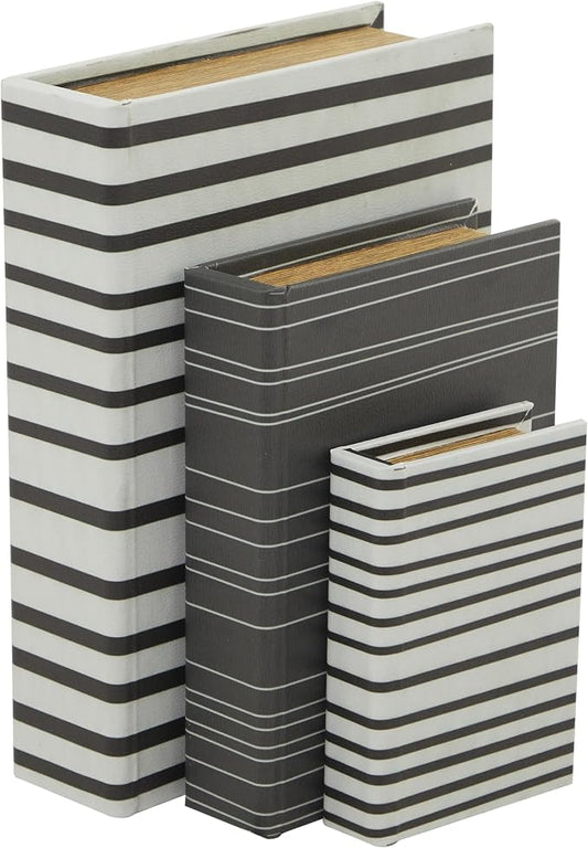 Deco 79 Faux Leather Decorative Box Faux Storage Book Book Shaped Boxes with Black Striped Patterns, Set of 3 Decorative Keepsake Boxes 12", 9", 6"H, White