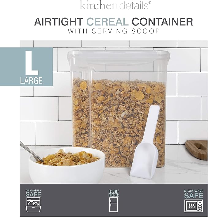 Kitchen Details 2 Pack Cereal Container with Scooper | Medium | Airtight | Food Tin | Keeps Fresh | Kitchen & Pantry Storage Organizers | Clear