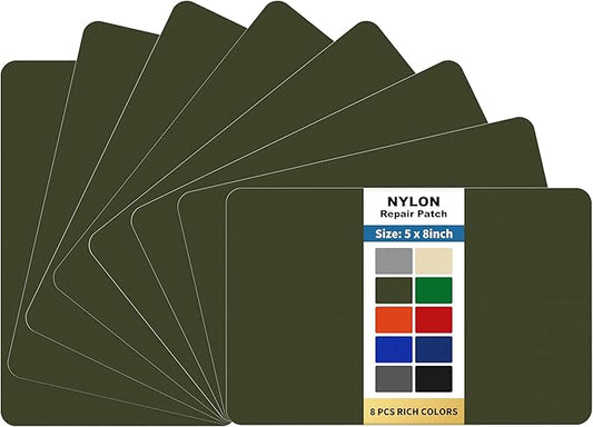 KING MOUNTAIN Self Adhesive Nylon Fabric Repair Patch, 5×8 Inches 8 Pcs, Quick Down Jacket Repair Patch, Waterproof Outdoor Gear Patch Kit for Tent,Backpacks,Umbrella, Gloves(Army Green)
