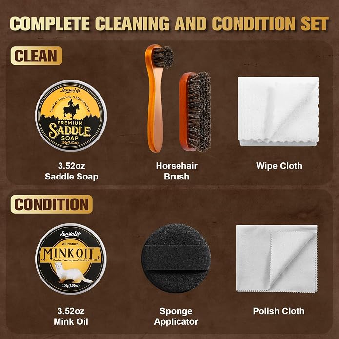 Leather Boot Care Kit, 7-in-1 Saddle Soap & Mink Oil for Leather Cleaning & Polish with 2 Horsehair Brush, Polishing Cloth, Microfiber Cloth, Leather Cleaner and Conditioner for Boots, Shoes, Couch