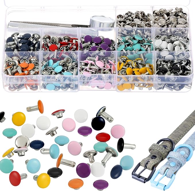 YORANYO 380 Sets 8MM Leather Rivets Kit Studs for Clothing Double Cap Rivets for Clothing Fabric Colorful Rivets with Leather Crafting Rivet Tool for Repair Decorate Clothes Shoes Bags Belt Dog Collar
