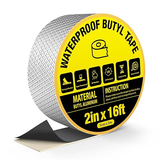 Waterproof Butyl Sealing Tape, Strong Adhesive Aluminum Foil Metal Roof Repair Tape for RV Roof Sealing, Flashing Seams, Gutters, Skylight and Vent Pipes Waterproofing, 2" x 16ft