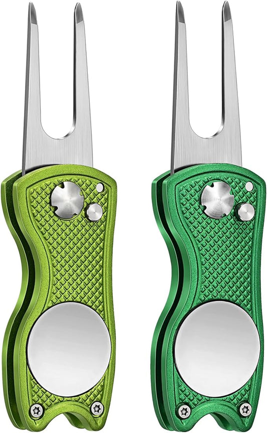 Mile High Life Golf Divot Repair Tool, All Metal Foldable Divot Tool with Pop-up Button & Magnetic Ball Marker, 2-6 Pack