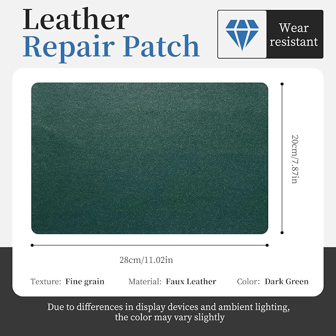 Fadoub Leather Repair Patch Tape Self-Adhesive, 8x11In Heavy Duty Vinyl Patch, Leather Repair Kit for Furniture, Sofa, Couch, Office Chair, Car Seat, Car Interior(Dark Green-Fine Grain)