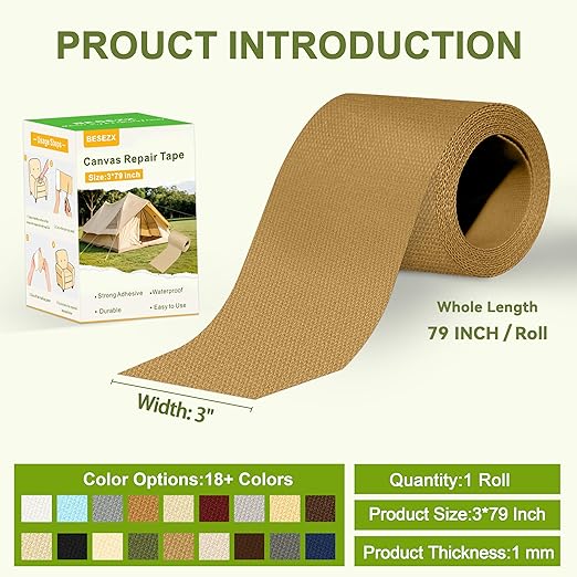 Besezx Canvas Repair Tape,Outdoor Gear Patch, 3x79 Inches,Waterproof Self-Adhesive Fabric Repair Tape for Repairing Boat Covers,Sun Shades,Sofas,Tents,Lounge Chairs,Awnings (Flaxen)