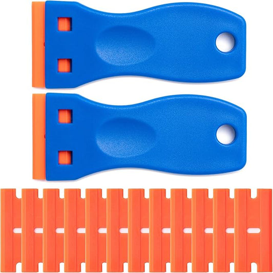 2 Pcs Plastic Razor Blade Scraper and 12 Pcs Blades, Remove Label Decal Tool,Forwithout Scratches Plastic Razor Blade Scraper, Adhesive Remover for Kitchen Appliances,Stickers and Paints on Window