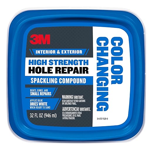 3M High Strength Color Changing Spackling Compound, 32 oz Tub, 2 Pack – Blue-to-White Drying Formula, Fast-Drying, No Shrink, Primer-Enhanced, Multi-Surface Wall Repair for Interior and Exterior