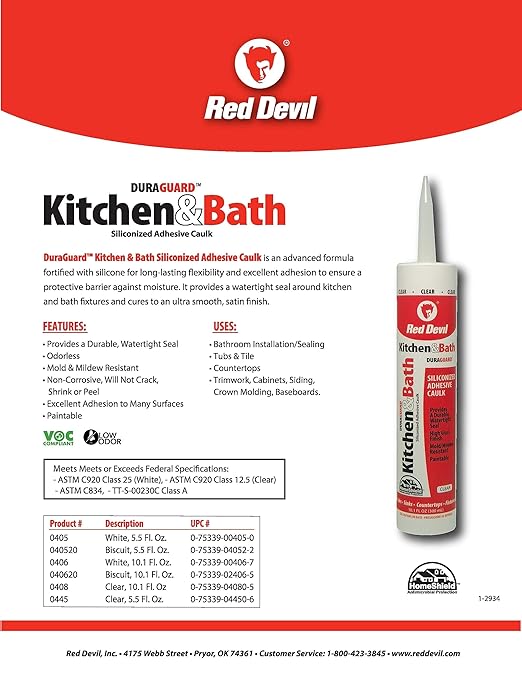 Red Devil 040620 Duraguard Kitchen & Bath Siliconized Acrylic Caulk, 10.1 oz., Biscuit, 1 Pack, Made in USA
