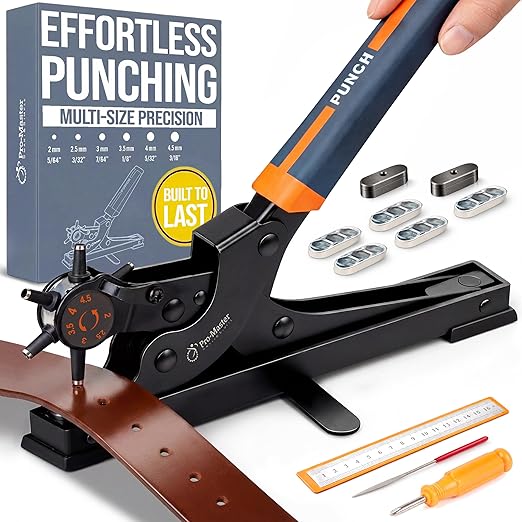 Pro-Master Desktop Leather Hole Puncher - Belt Hole Puncher for Leather with Tabletop Base - One Hand Use, Heavy Duty Carbon Steel, 6 Rotary Sizes 2-4.5mm for Watch Band, Shoes, Bag Strap & Crafts