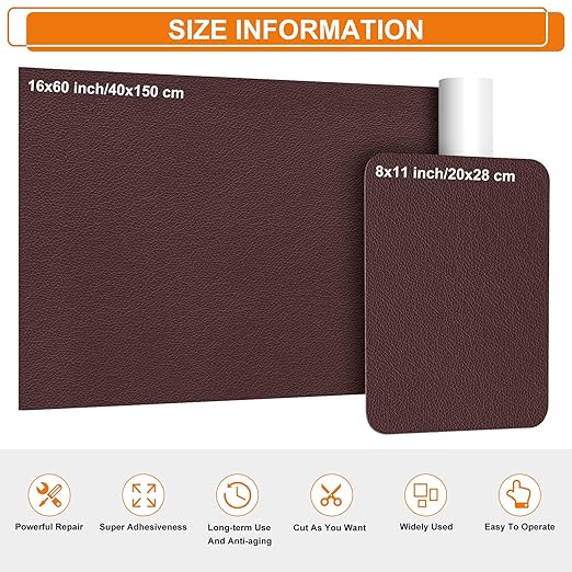 Cahomo Self-Adhesive Leather Repair Patches Tape for Couches - 8x11 inch, Vinyl & Leather Repair Kit for Furniture, Car Seats, Handbags, Jackets -Red Brown