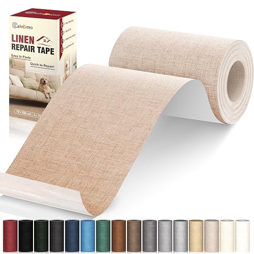 Cahomo Linen Repair Tape 4x79 inch, Self Adhesive Linen Fabric Patches, Linen Fabric Patch Tape Kit, Fabric Repair Tape for Linen Sofas, Headboards, Chairs, Pillows, Curtains - Beige