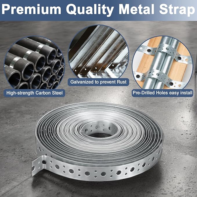Galvanized Metal Pipe Strap 1-Inch x 33FT 0.6mm Thickness for Pipe Support Pipe Hanger Strap Metal Strapping with Holes