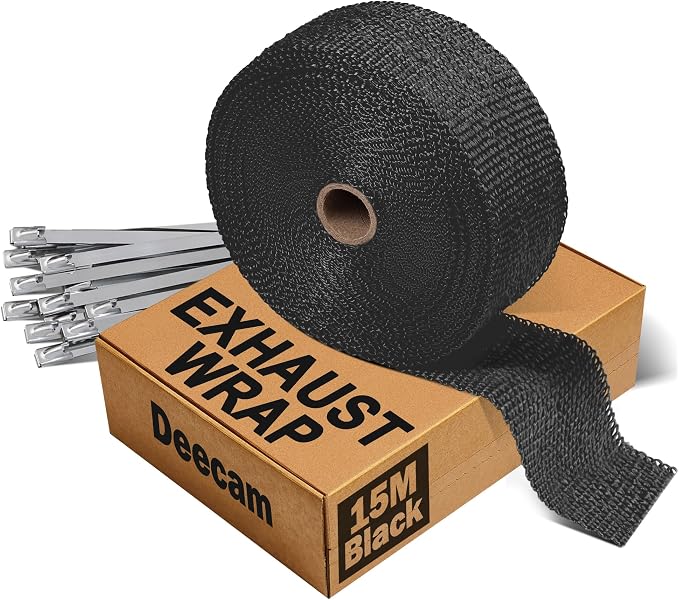 Deecam Exhaust Wrap, Black Exhaust Header Heat Wrap, 2'' x 50' Motorcycle High Temp Heat Shield Tape Roll for Exhaust Pipes with 12 Stainless Steel Ties