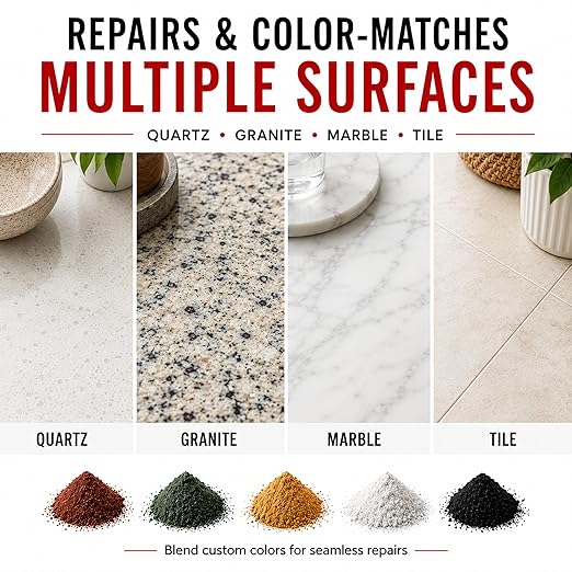 Instant Install 29 Complete - 4 oz Epoxy Permanent Repair Kit with EZ-Tint 10 g 5-Pack, Mixing Sticks, Razor, & Shaping Strip - Granite, Marble, & Tile - Rebonds & Rebuilds - Dry in 29 Minutes