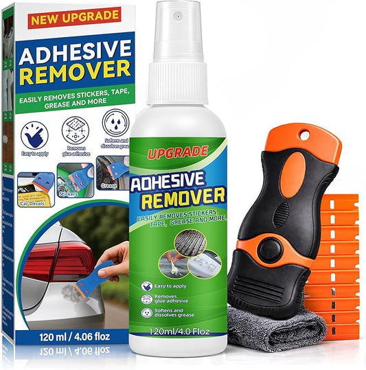 Adhesive Remover Spray Kit, 4 fl oz Sticker Remover for Labels, Glue, Residue, Tape, Decals, Fast Acting Glue Remover Includes Scraper and 10 Extra Plastic Razor Blades for Home, Car, Glass, Metal