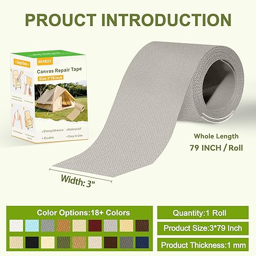 Besezx Canvas Repair Tape,Outdoor Gear Patch, 3x79 Inches,Waterproof Self-Adhesive Fabric Repair Tape for Repairing Boat Covers,Sun Shades,Sofas,Tents,Lounge Chairs,Awnings (Light Grey)