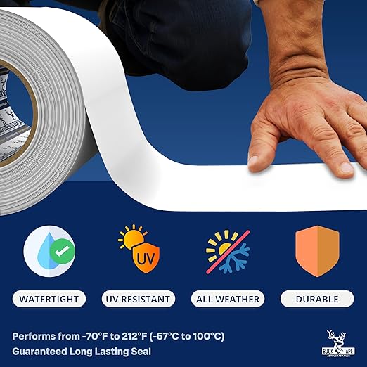 2 Pack Buck RV Roof Sealant Tape – 4 Inch x 55ft, 40 Mil – Waterproof RV Tape for Roof Repair, Seams, Skylights, Vents & Window Leaks on Camper, Trailer & Boat, UV Resistant & Weatherproof, White