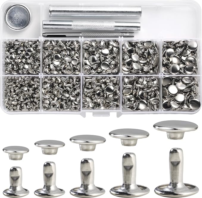 YORANYO 340 Sets Leather Rivets Kit Mixed Sizes Rivets for Leather Double Cap Rivets Studs for Clothing Fabric with Leather Crafting Rivet Tool for Repair Decorate Clothes Shoes Bags Belts (Silver)