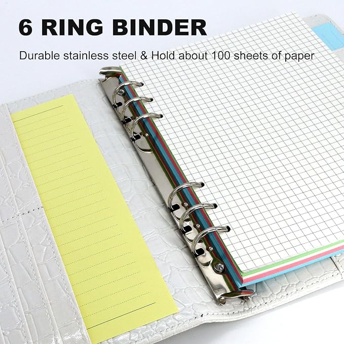 Convend A5/A6 Refillable 6 Ring Binder Cover, Crocodile-Textured PU Leather Notebook Binder with Hidden Snap Closure, Planner Organizer, (White)