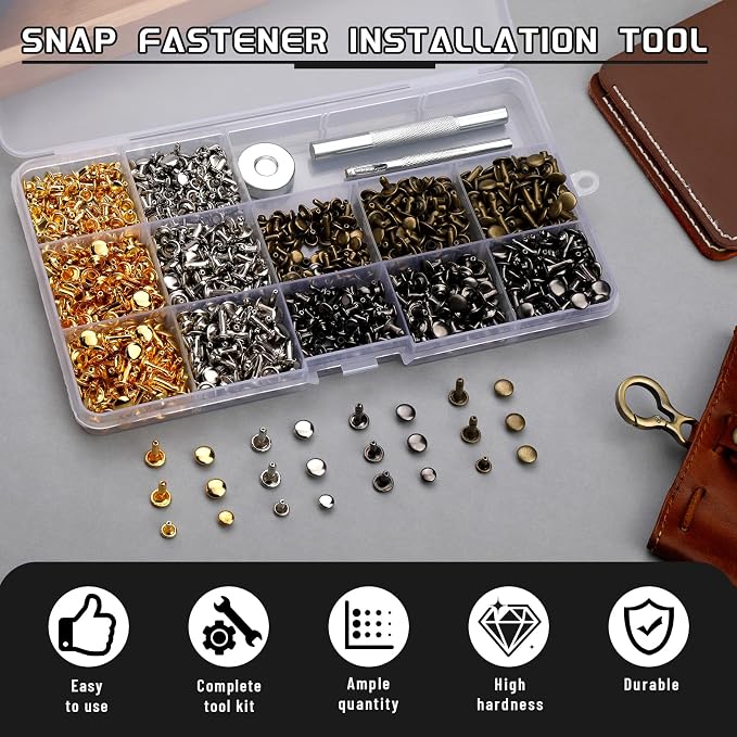 CBHGFEA 540 PCS Leather Rivets, 3 Different Sizes Double Cap Rivets Kit with Leather Rivet Setting Tools, Leathercraft Rivet Kit for DIY and Crafting, Decoration
