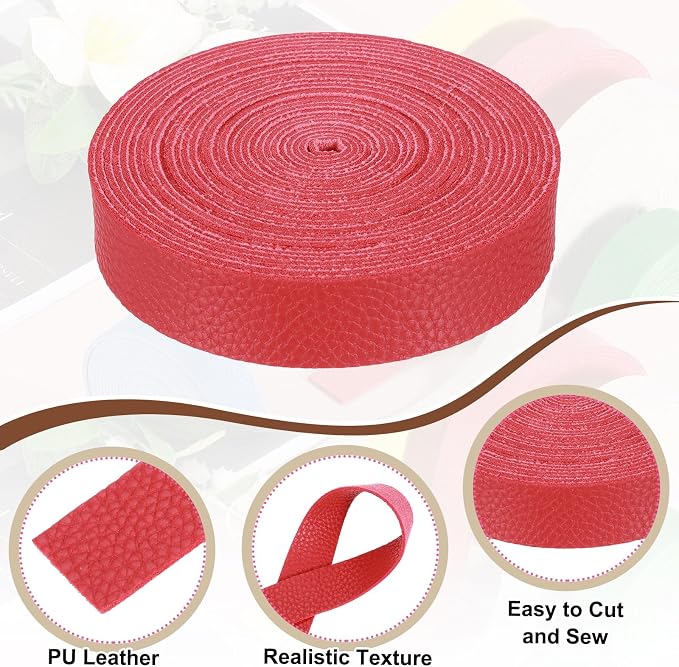 MECCANIXITY Faux Leather Strap, 1" Width x 197" Long Grained Leather Belt Strip Trim Roll for DIY Craft Projects, Pet Collars, Traction Ropes, Bag Straps, Hobby Workshop (Red)