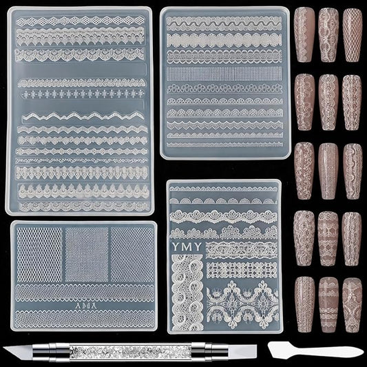 Lace Silicone Nail Molds, 4PCS 3D Lace Nail Art Mold with Carving Pen & Scraper, 3D Gel Nail Charm Mold for Nail Art Design, DIY Crafts, Resin Jewelry Decor