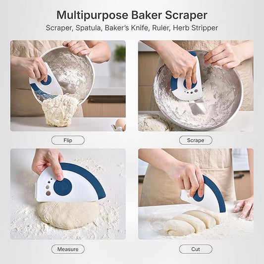 5-in-1 Dough Scraper & Flexible Bowl Scraper by Nextrend, Bread Scraper with Stainless Steel Edge, Ruler & Herb Stripper – BPA Free, Dishwasher Safe - Blue