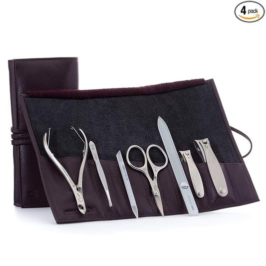 GERMANIKURE 7pc Manicure Set in Dark Purple Leather Case - FINOX Stainless Steel Tools Made in Germany, Glass Nail Care Supplies Made in Czech Republic – Professional Cuticle and Nail Care Kit