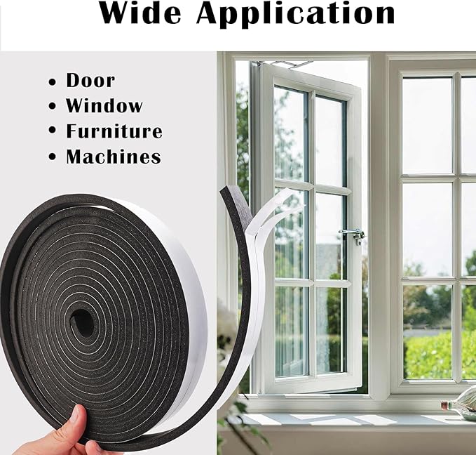 Black Foam Weather Stripping 1/4 Inch W x 1/8 Inch T,Single Sided Foam Tape for Door and Window，AC Seal,High Density Foam Insulation Strip,Soundproof and Closed Cell Weatherstrip 3 Roll(Total 50 Feet)
