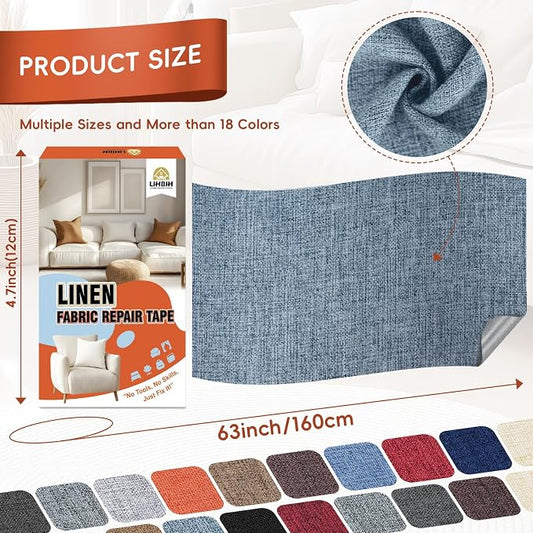 Linen Fabric Repair Tape 4.7x63 Inch, Self Adhesive Couch Patch Repair Fabric Tape for Furniture, Linen Patch Kit for Couch, Carpet, Upholstery, Chair, Sofa, Cushion, Bag (Blue Grey)