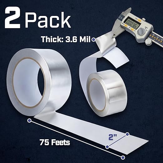 Bates- Aluminum Foil Tape, 2 Inch x 25 Yard, 3.6 Mil, 2 Pack, HVAC Heat Tape for Ductwork, Dryer Vent, Air Conditioning, Furnace, Pipe Insulation, Waterproof, Flame, UV & Chemical Resistant