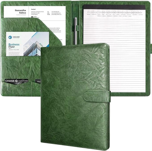 Mymazn Padfolio, Portfolio Folder, Legal Pad Holder, Resume Folder | Faux Leather Binder with Document Organizer, Business Card Holder, Letter-Size Notepad for Interview, Men & Women, Green