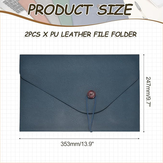 PATIKIL 2Pcs Leather Folder, 14x10 Leather Document Holder File Folder PU Pouch Bag Portfolio File Organizer Button Personal Envelope Waterproof for Traveling Office Men Gift, Blue