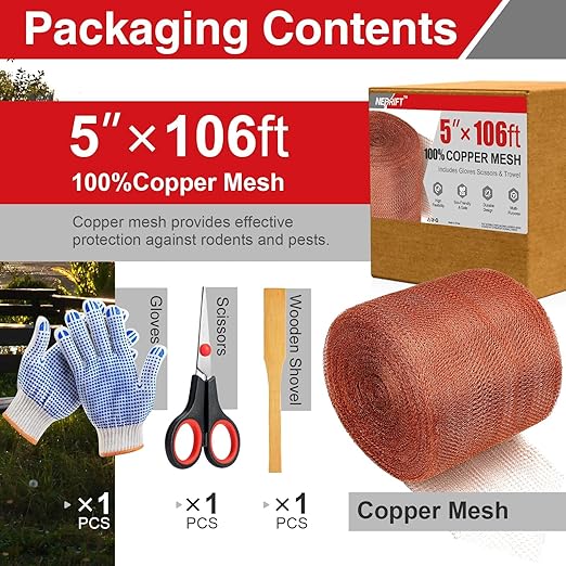 5 Inch×106 ft Copper Mesh Rodent Control, 100% Pure Copper Mesh Roll for Rat Snail Bird Exclusion, Rustproof Gap Filler for Foundation & Roof Sealing, with Scissors Gloves Trowel