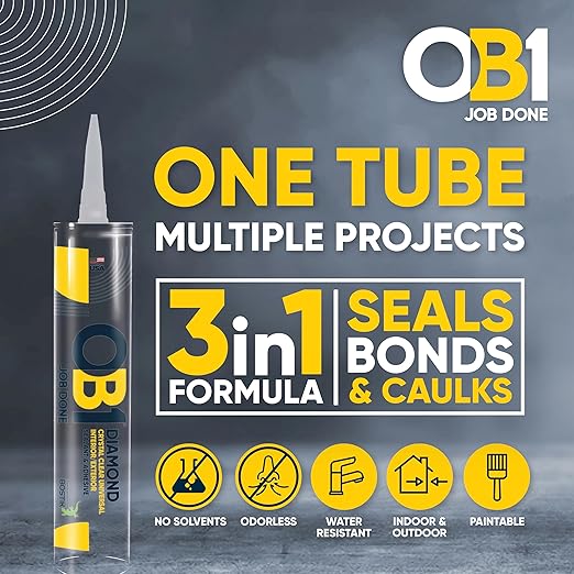 OB1 Universal Caulk Sealant & Adhesive Diamond Crystal Clear 10.1oz | Professional Grade Premium All-in-One Advanced Hybrid | Internal & External | Water Shrink Crack UV & Fade Resistant | 1 Cartridge