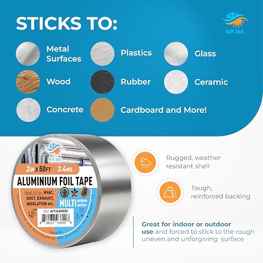 Air 360 Aluminum Foil Tape 2 Inch x 50 FT - HVAC Foil Tape for Ductwork, Dryer Vent, AC & Pipe Insulation - Heavy Duty High Temp Heat Resistant Metal Duct Tape, Waterproof Aluminum HVAC Tape