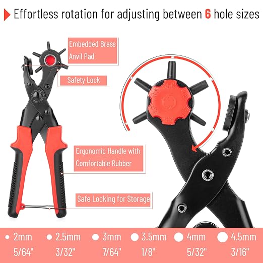 UNCO- Leather Hole Punch Tool Set, Red Handle, Multi Punch Sizes, Belt Hole Puncher for Leather, Belts, Straps, Pet Collars, Shoes, Saddles, Canvas & DIY Crafts, with Grommet Eyelet Kit 100 Set