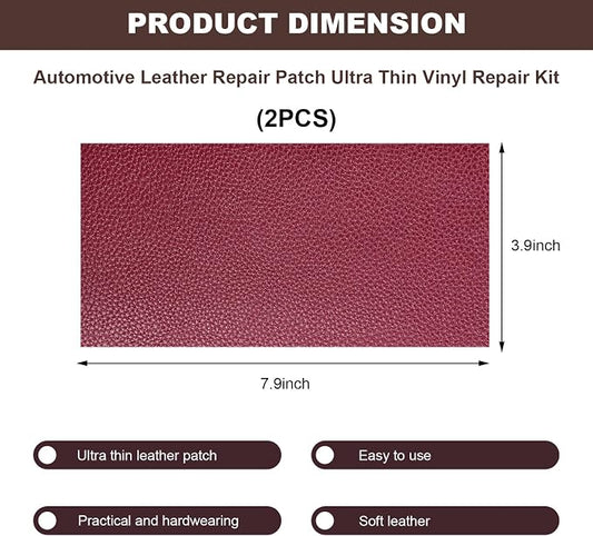 2 PCS Leather Repair Patch Tape, 4 x 8 Inch PU Vinyl Repair Patches for Car Upholstery Seat, Waterproof Self Adhesive Leather Tape Repair Kit for Furniture Couches Chairs (Wine Red)