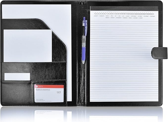 Mymazn Padfolio, Portfolio Folder, Legal Pad Holder, Resume Folder | Faux Leather Binder with Document Organizer, Business Card Holder, Letter-Size Notepad for Interview, Men & Women, Black