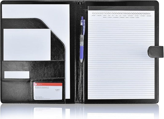 Mymazn Padfolio, Portfolio Folder, Legal Pad Holder, Resume Folder | Faux Leather Binder with Document Organizer, Business Card Holder, Letter-Size Notepad for Interview, Men & Women, Black