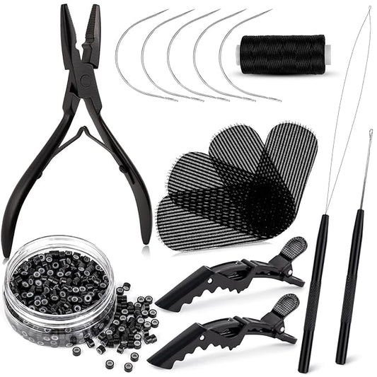 NEWISHTOOL Hair Extension Tool Kit - Silicone Micro Beads, Stainless Steel Beads Plier, Metal Bead Threader and Needle Pulling Hook for Beading Hair Extensions, Girls Cosplay Party Hair Styling Tool