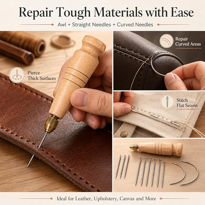 16Pcs Upholstery Repair Sewing Thread Kit,Leather Working Sewing Kit,Includs Sewing Awls & Scissors & Duty Household Hand Needles & Nylon Thread for Repairing Leather Shoes Furniture (Brown)