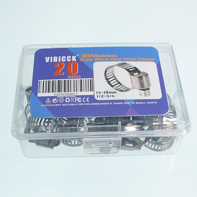 20PCS Hose Clamp Set 1/2-3/4'' 304 Stainless Steel Worm Gear Hose Clamps for Pipe, Intercooler, Plumbing, Tube and Fuel Line (1/2-3/4/13-19mm)