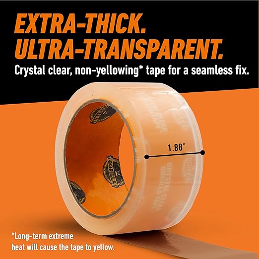Gorilla Crystal Clear Tape, 1.88” x 18 yd (Pack of 6) - Weather Resistant for Indoor or Outdoor Projects and Repairs