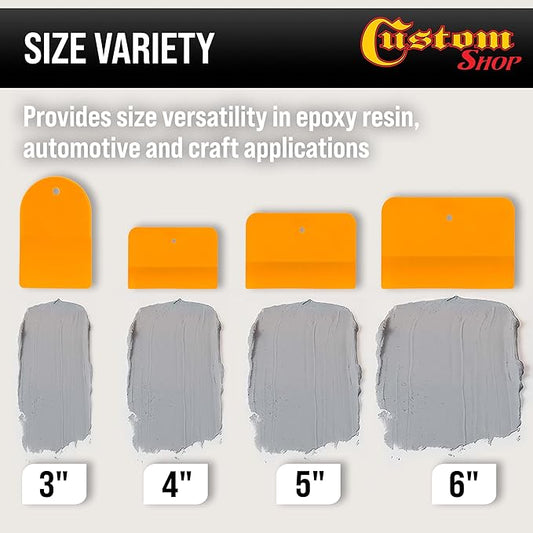 Custom Shop 4, 5, & 6 Inch Plastic Body Filler Spreader Tools (24 Pack) for Automotive Body Fillers, Putties, Glazes, Epoxy Resin, Caulk, Glues - Plastic Spreader Tool Variety Pack