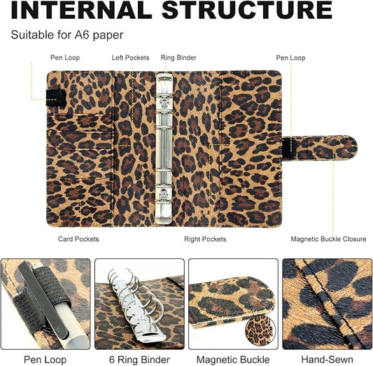 Convend A6/A5 Refillable 6 Ring Faux Leather Budget Binder,Mini Notebook Binder Cover for A6 Filler Paper,Loose Leaf Personal Planner Cover with Magnetic Buckle Closure (Leopard)